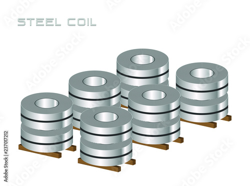 Steel coil, rolled steels in factory warehouse, metal sheet industry