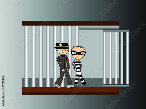 The thief is being taken to prison by police. Cartoon vector