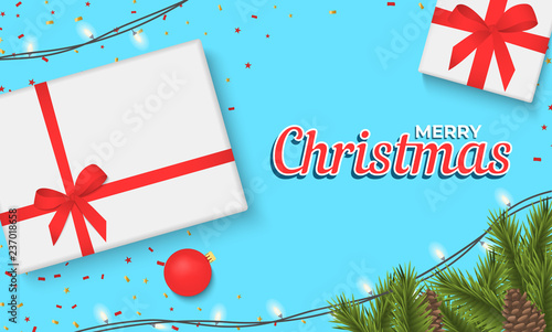 Christmas banner with gift box and sparkling lights garland. Christmas banner, cards, or website template.