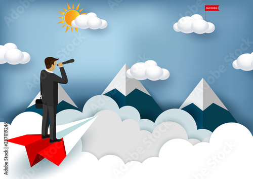 Businessman standing holding binocular on paper airplane go to flag red on cloud. go to target and business finance success. leadership. creative idea. paper art. cartoon vector illustration
