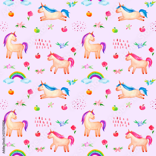 Seamless pattern. Cute watercolor unicorn isolated on purple background. Beautiful watercolor unicorn illustration. Magic trendy pink cartoon horse perfect for nursery print and poster design.