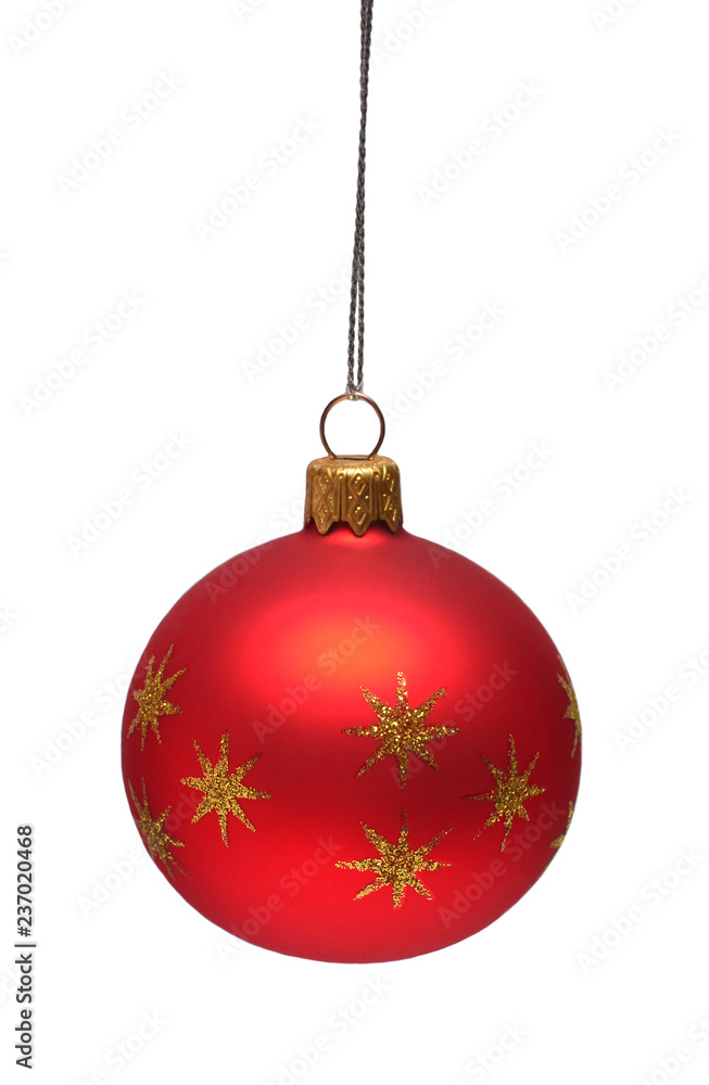 Red christmas ball with sun isolated on white background. Flat lay, top view. Creative concept