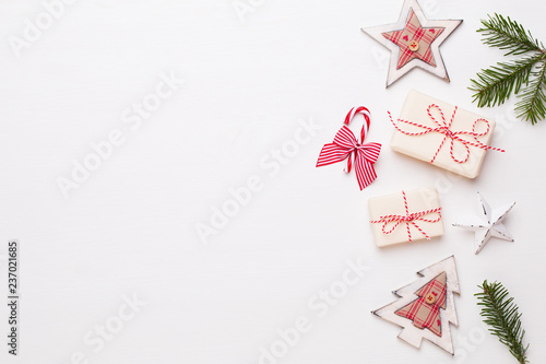 Christmas composition. Wooden decorations  stars on white background. Christmas  winter  new year concept. Flat lay  top view  copy space.