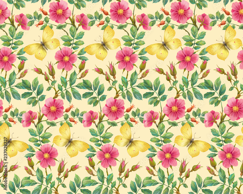 Wild rose and yellow butterfly. Seamless background pattern. Version 3