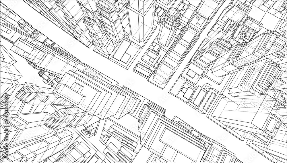 Fototapeta Wire-frame City, Blueprint Style