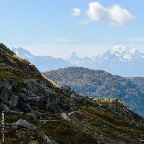 Aletsch glacier area wanderweg hiking trail mountain view in Bettmeralp to Fiescheralp trail