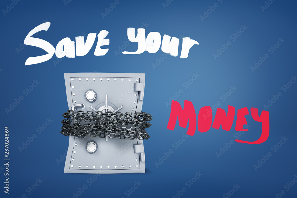 3d rendering of a big safe bound tight with chains and the title 'Save your money' on a blue background.