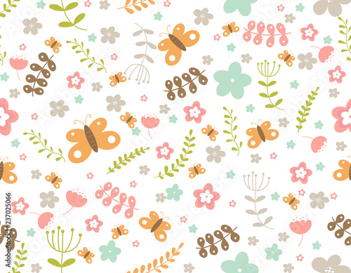 floral pattern in doodle style with flowers,butterfly and leaves on white color background.vector,illustration.