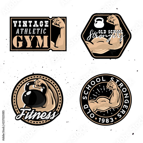 Vintage gym logotypes, old school strongers signs