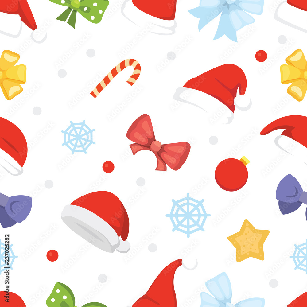 Naklejka premium New year seamless pattern of christmas hats and decorations, star, candy, snowflake.