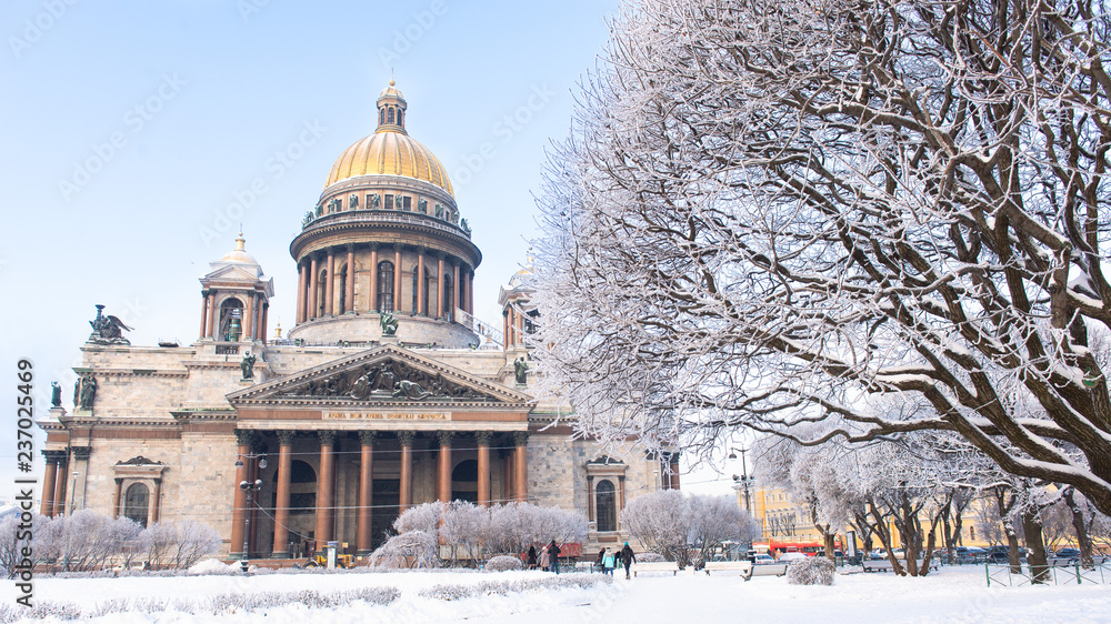 St. Isaac Cathedral in snow on sunny winter day, St. Petersburg, Russia. Russian winter.