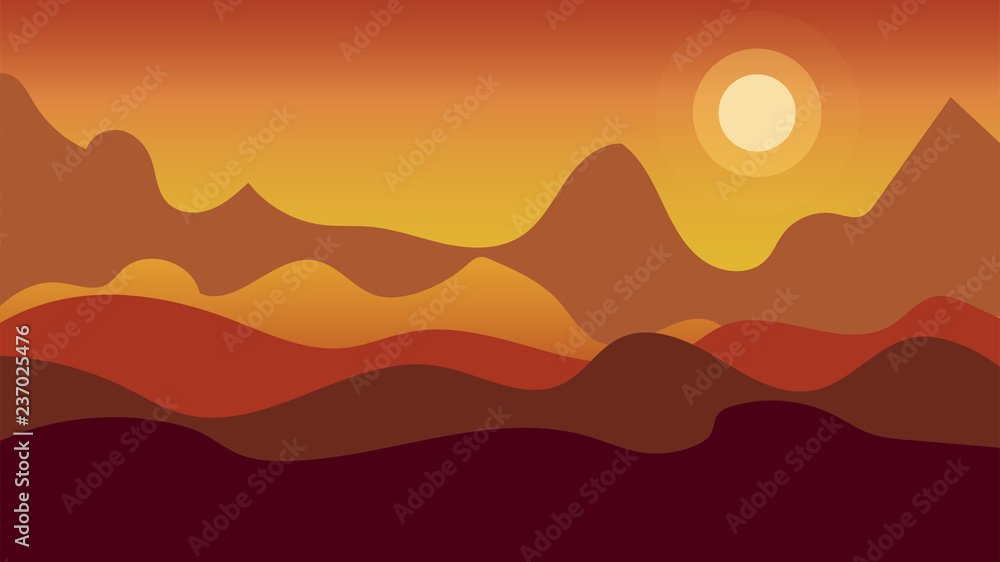 Landscape with mountains and sun. Scenery vector illustration.