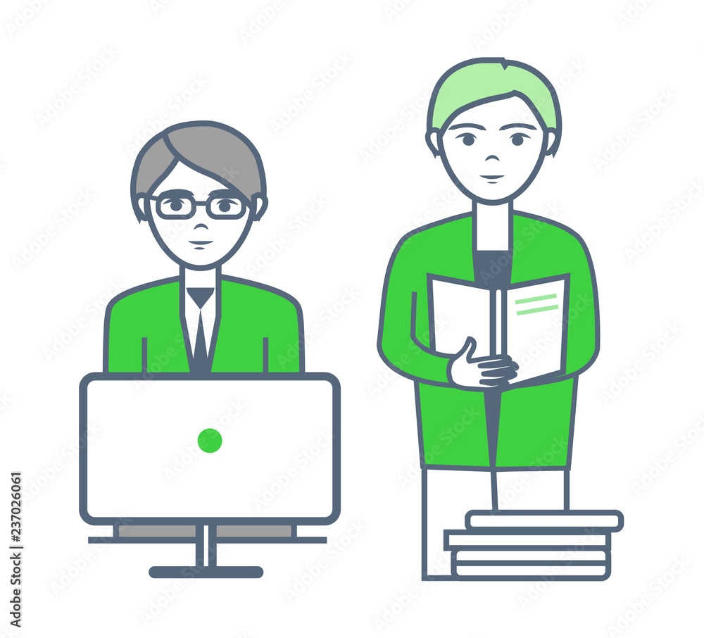 Male with Employee Working on Projects Vector
