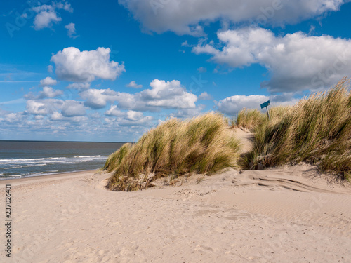Dune covered with grass in the front of the noth sea at the beach in Niew Hamstede on the island Walcheren in the Netherlands