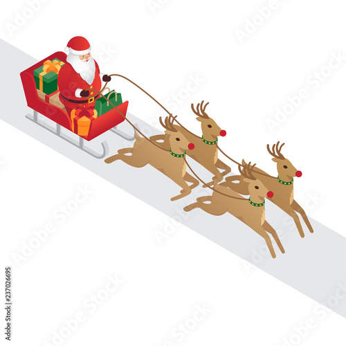 Background for design, sled, Santa Claus, deer, gifts. christmas background