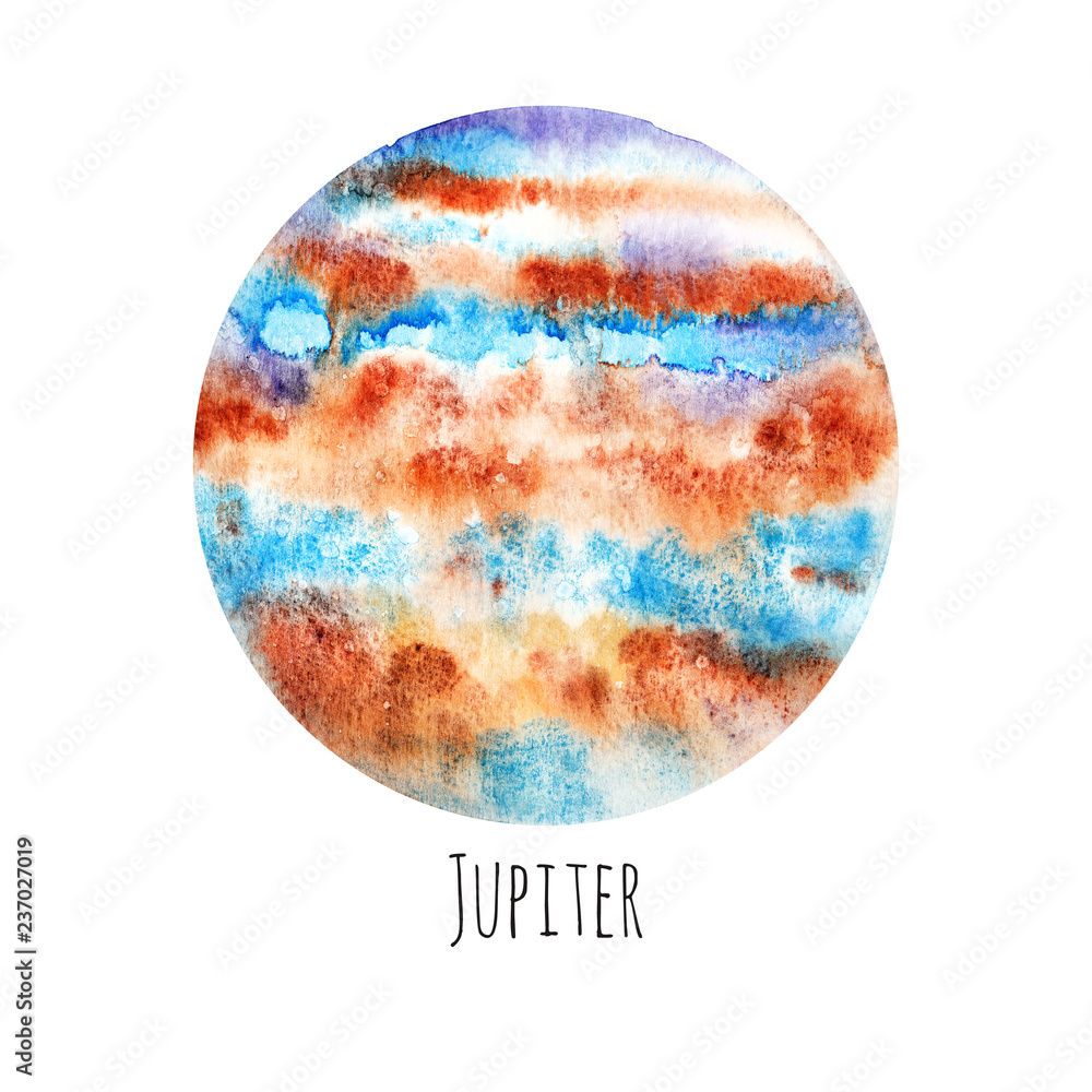 Planet Jupiter. Watercolor illustration on white isolated background