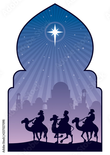 The three Magi follow the Star of Bethlehem across the desert. 