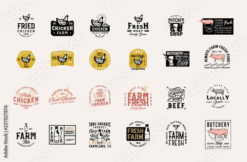Master collection of 24 vintage farm fresh products badges, logos, signs, symbols, emblems, labels with pork, beef, rooster, milk and other design elements