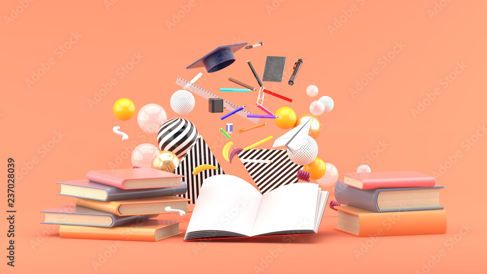 School Supplies Floating out of a book amidst colorful balls on a pink background.-3d render.. - obrazy, fototapety, plakaty 