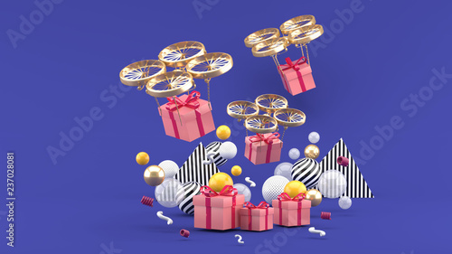 Drone delivers a gift box among colorful balls on a purple background.-3d render..
