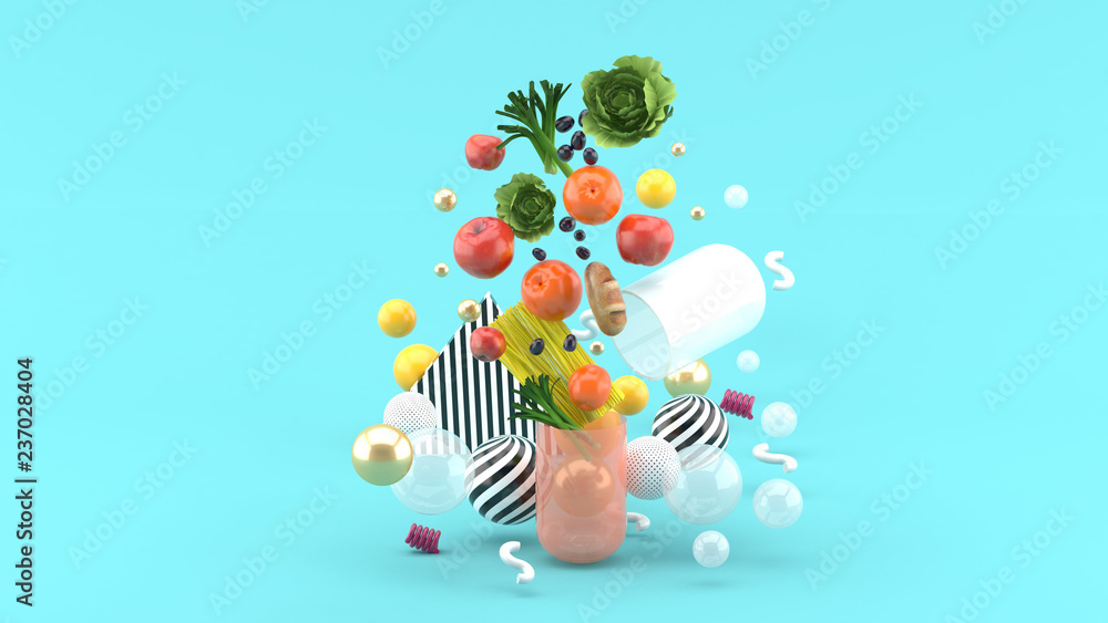 Φωτογραφία The food floats out of the capsule amidst colorful balls on the blue background