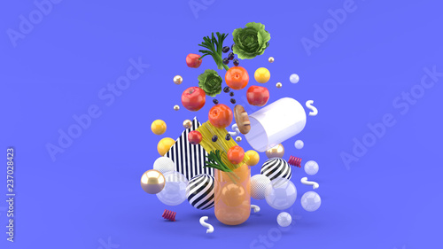 The food floats out of the capsule amidst colorful balls on the purple background.-3d render..