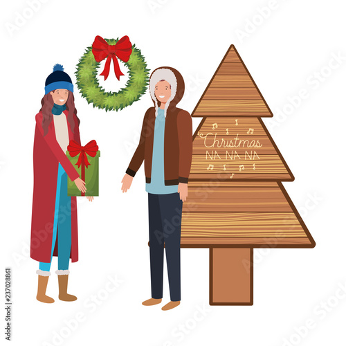 couple with christmas tree and gifts avatar character