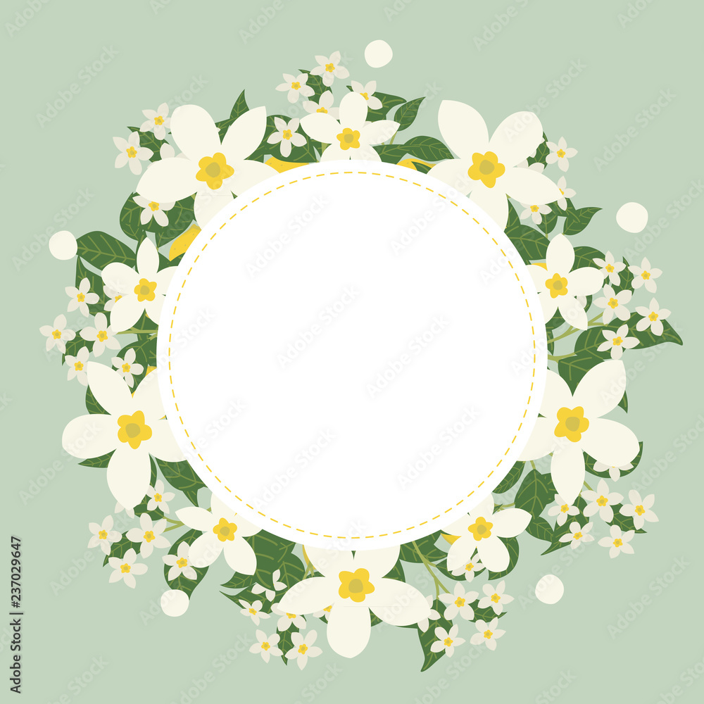 Floral greeting card and invitation template for wedding or birthday anniversary, Vector circle shape of text box label and frame, Lemon flowers wreath ivy style with branch and leaves.