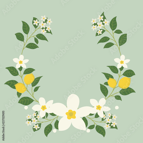 Floral greeting card and invitation template for wedding or birthday anniversary, Vector circle shape of text box label and frame, Lemon flowers wreath ivy style with branch and leaves.