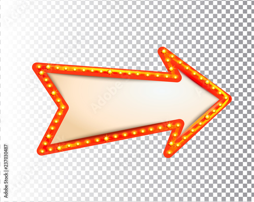 Shining isolated retro bulb light frame arrow on transparent background. Vintage style banner, sign, signboard. Perfect template for shows, casino, cinema, circus. Vector illustration EPS 10