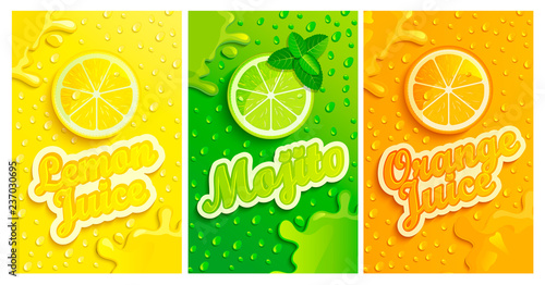 Set of fresh lemon,mojito,orange juices backgrounds with drops from condensation, splashing and fruit slices for brand,logo and template,label,emblems,stores,packaging,advertising.Vector illustration