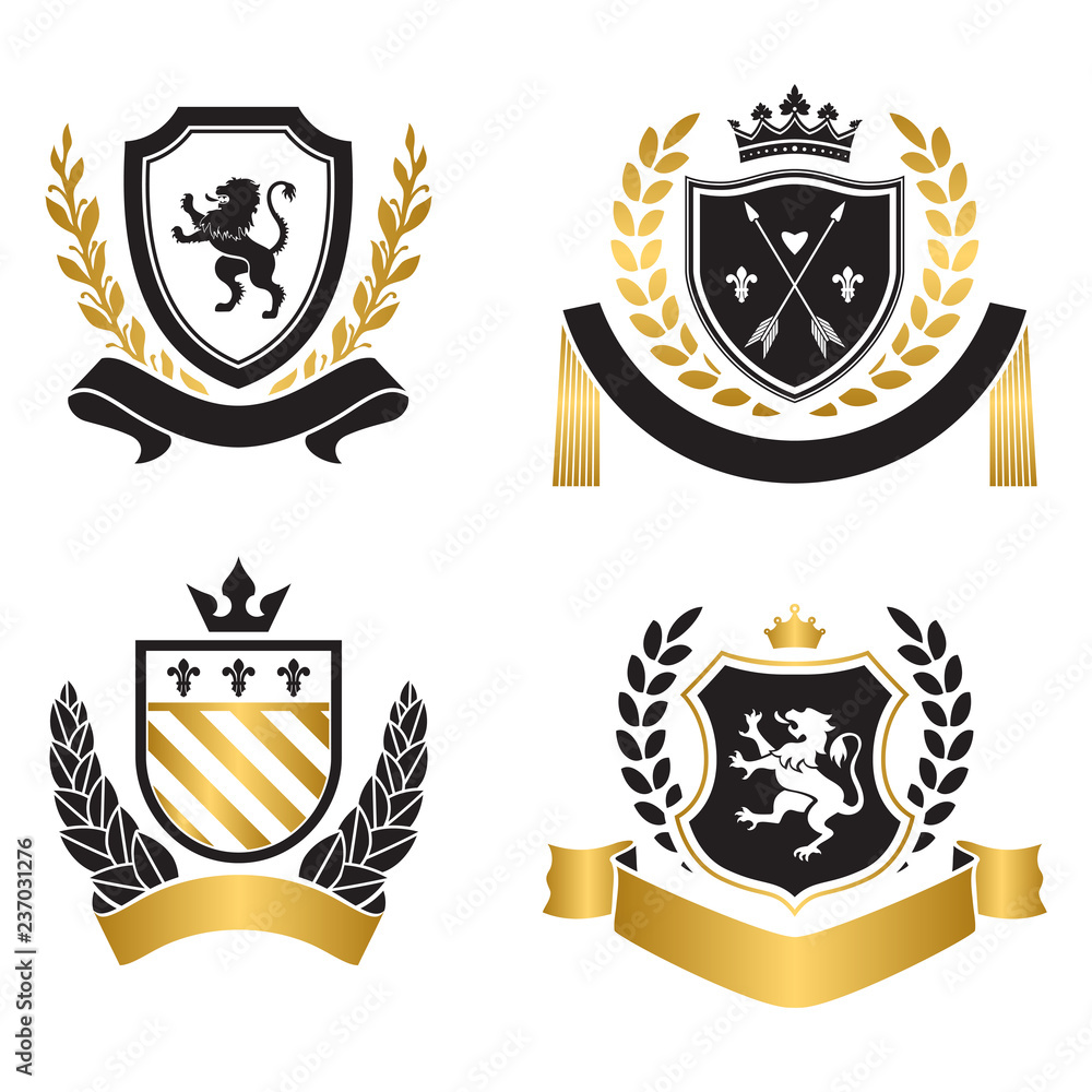 Coats of arms - shields with crown, arrows, laurel wreath at the sides.  Stock Vector | Adobe Stock