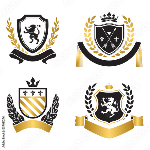 Coats of arms - shields with crown, arrows, laurel wreath at the sides.