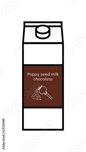 Vector line icon of flavored vegan chocolate poppy seed milk isolated on a white background. Plant based non dairy alternative. Icon of carton box with label with illustration of poppy.