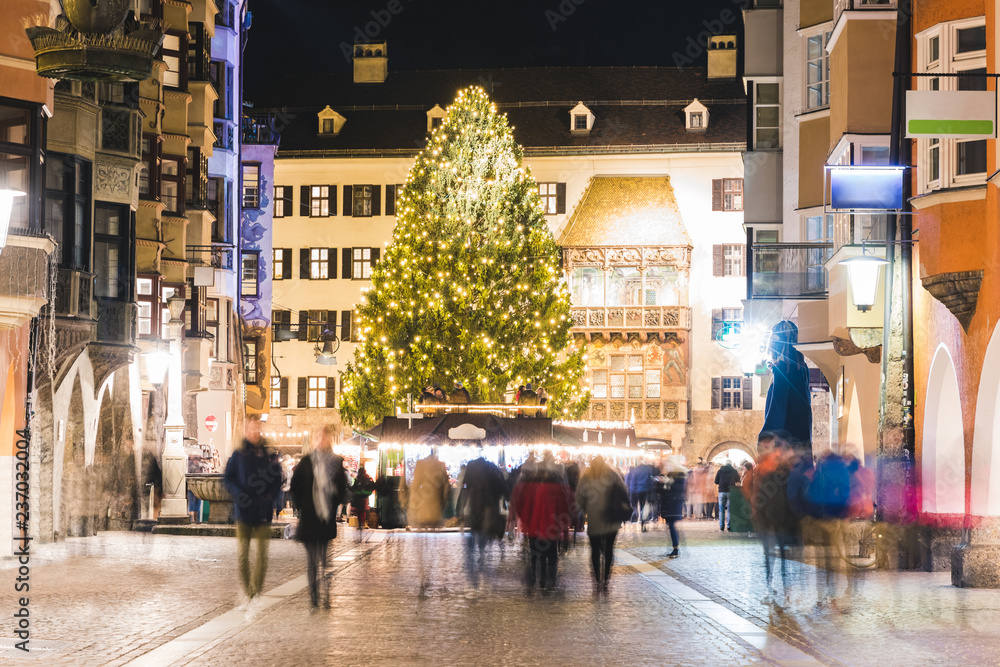 Christmas market and tree in Innsbruck at night