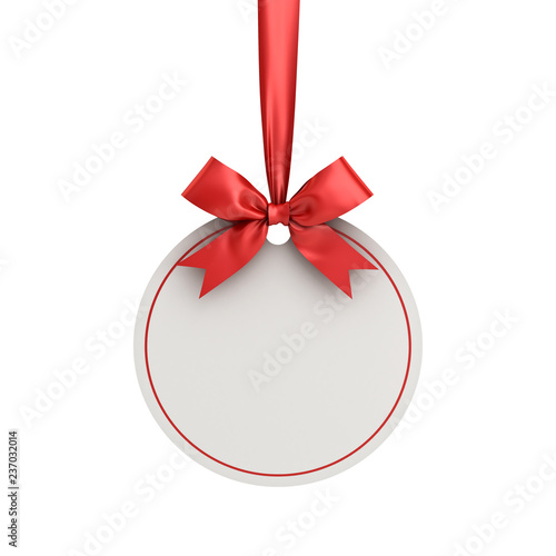Blank white paper round christmas ball frame tag label card template hanging with shiny red ribbon and bow isolated on white background for christmas decoration 3D rendering