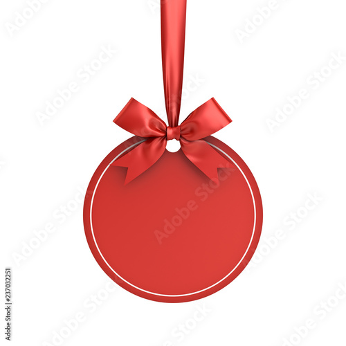 Blank red paper round christmas ball frame tag label card template hanging with shiny red ribbon and bow isolated on white background for christmas decoration 3D rendering photo