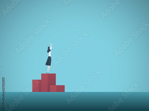 Business winner vector concept with businesswoman on top podium finish, celebrating. Symbol of success, achievement, ambition, victory.