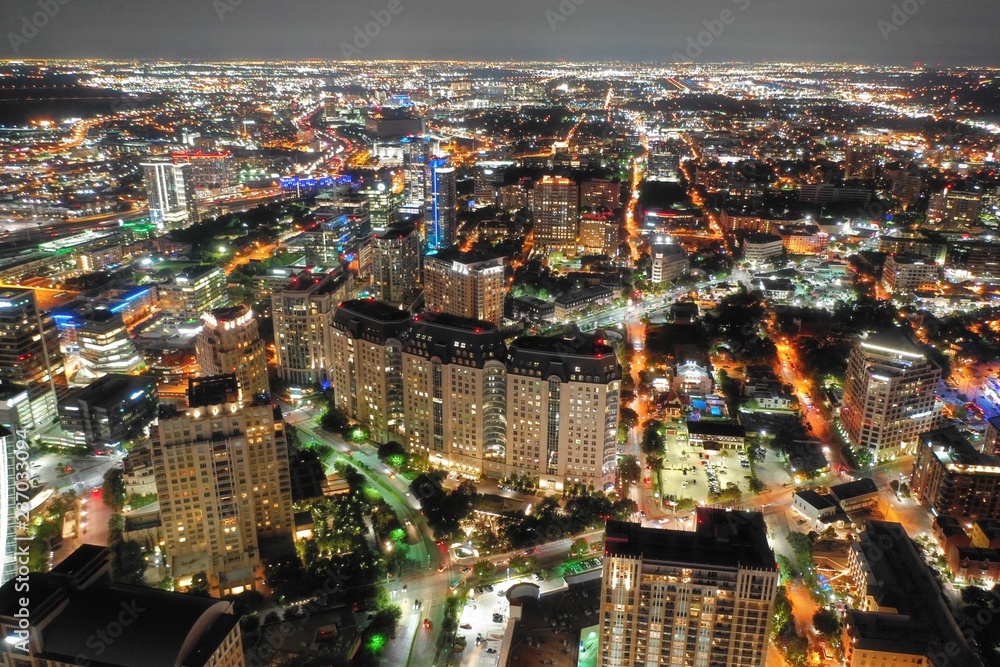 Fototapeta premium Aerial view of uptown Dallas Texas at night