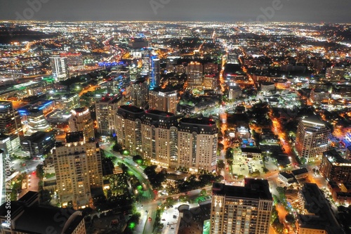 Aerial view of uptown Dallas Texas at night photo