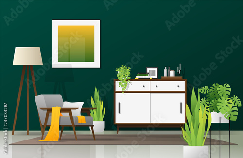 Interior background of modern living room in natural concept with wooden furniture , plants and green wall , vector , illustration