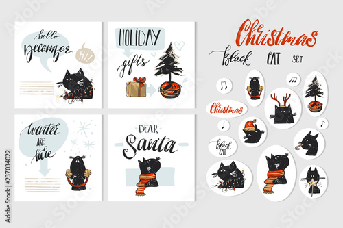 Hand drawn vector abstract Merry Christmas and Happy New Year time cartoon illustration greeting cards collection set with xmas cats and Christmas stickers isolated on white background