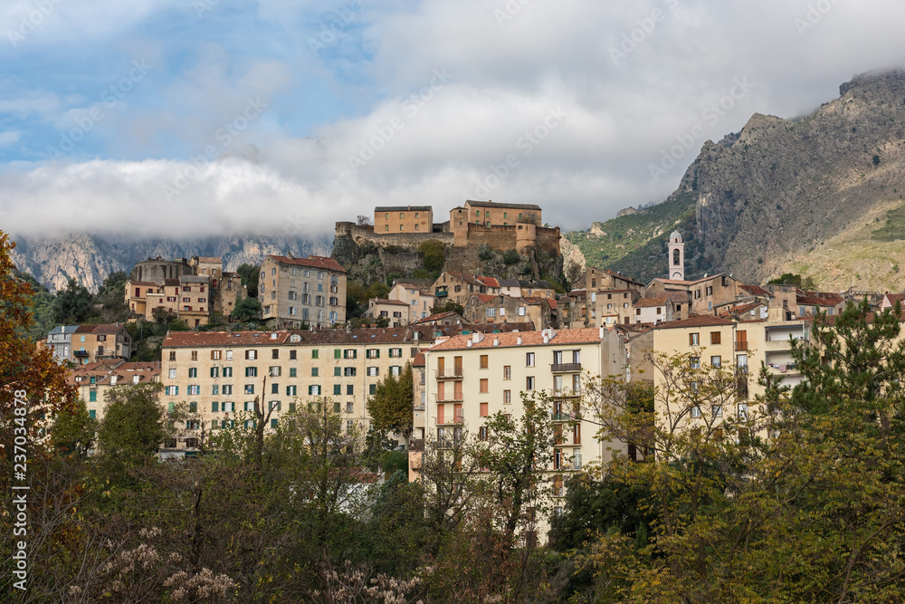 View of the historic Corsican city of Corte with a citadel on a rock, France