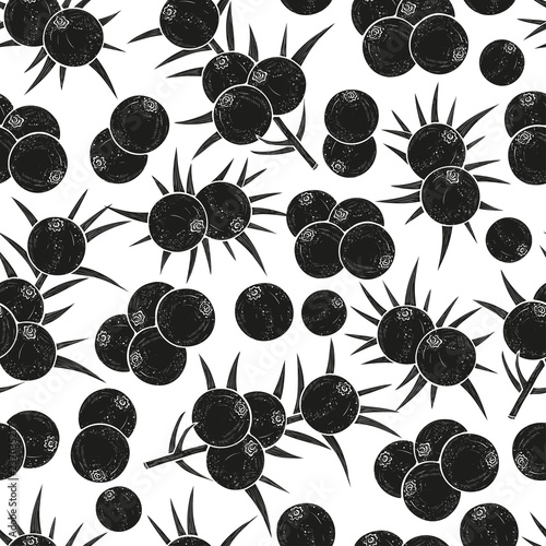Juniper. Berry, leaves. Background, wallpaper, seamless, texture. Black silhouette on white background.