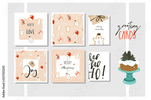 Hand drawn vector abstract fun Merry Christmas and Happy New Year time cartoon illustration greeting cards collection set with xmas gingerbread cookies and quotes isolated on colored background