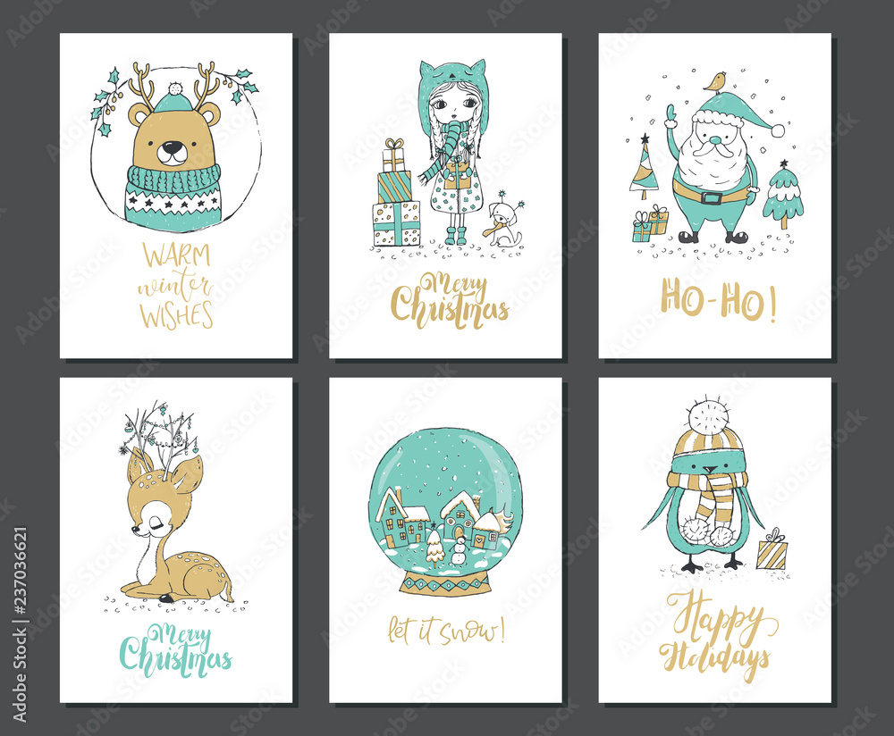 Plakat Christmas greeting cards with Santa Claus, a little girl and a cute dog, bear portrait, cute deer and snow globe Lettering tex
