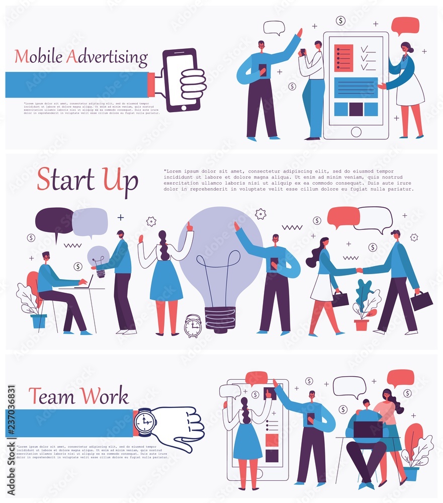 Vector illustration of the office concept business people in the flat style. E-commerce, start up, team work and mobile advertising business co - Vector Vector illustration of the office concept business people in the flat style. E-commerce, start up, team work and mobile advertising business co - Vector