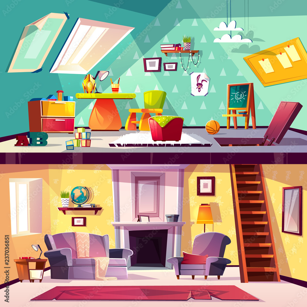 Vector cross section background, cartoon interior of child playroom on attic, living room with fireplace. Kids area with toys, blackboard on garret, stairs to playground, furniture in hall.