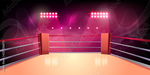 Vector background of boxing ring, illuminated sports area for fighting, dangerous sport. Empty arena with spotlights, shining lights, ropes. Place for wrestling, presentation of match, competition.
