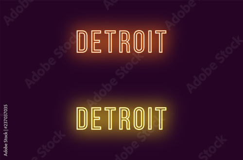 Neon name of Detroit city in USA. Vector text